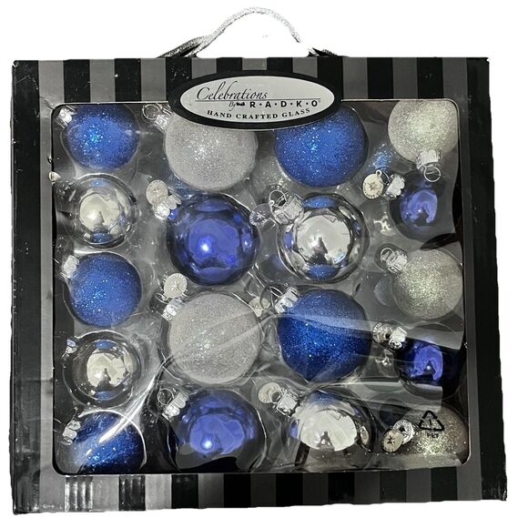 Celebrations by Radko Hand Crafted Glass Ornaments Blue Silver White Set 36 - Picture 1 of 5